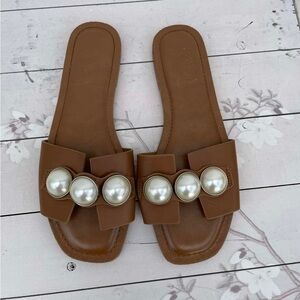 Zara Tan Slide Sandals with Pearl Accents